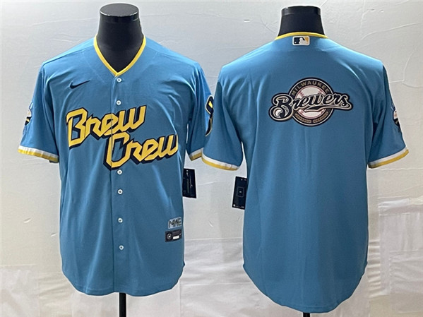 Men's Milwaukee Brewers Powder Blue Team Big Logo City Connect Cool Base Stitched Jersey